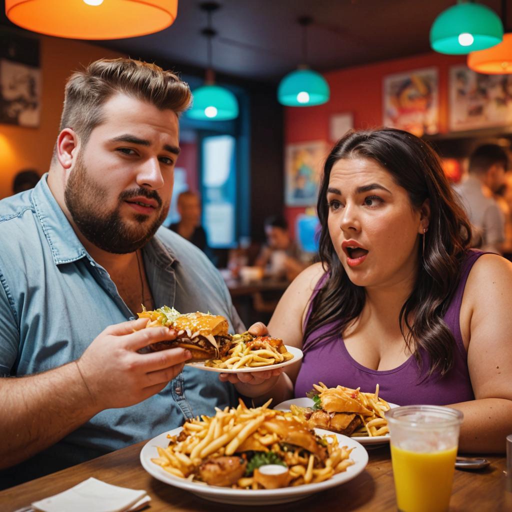 Couple Enjoying Fast Food in Restaurant