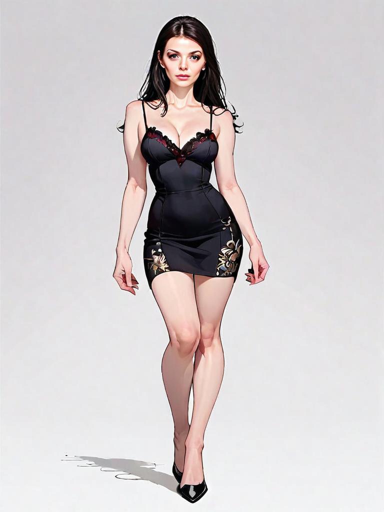 Realistic Comic Style Woman in Black Cocktail Dress Full Body Illustration