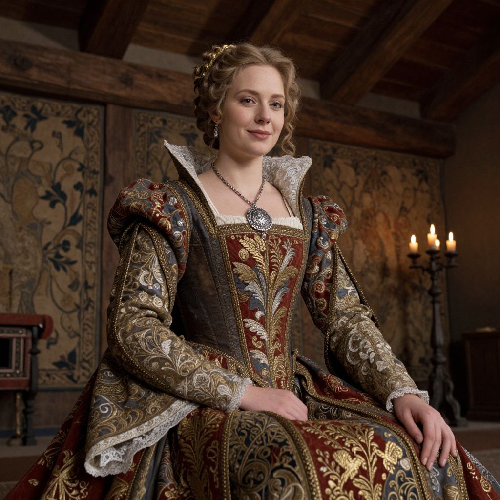 Woman in Ornate Renaissance Style Embroidered Gown Sitting in Historic Interior
