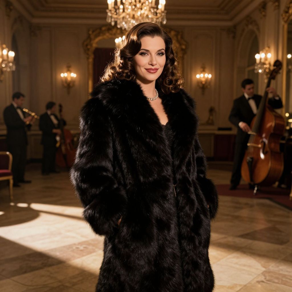 Elegant Woman in Black Fur Coat with Jazz Band in Opulent Ballroom