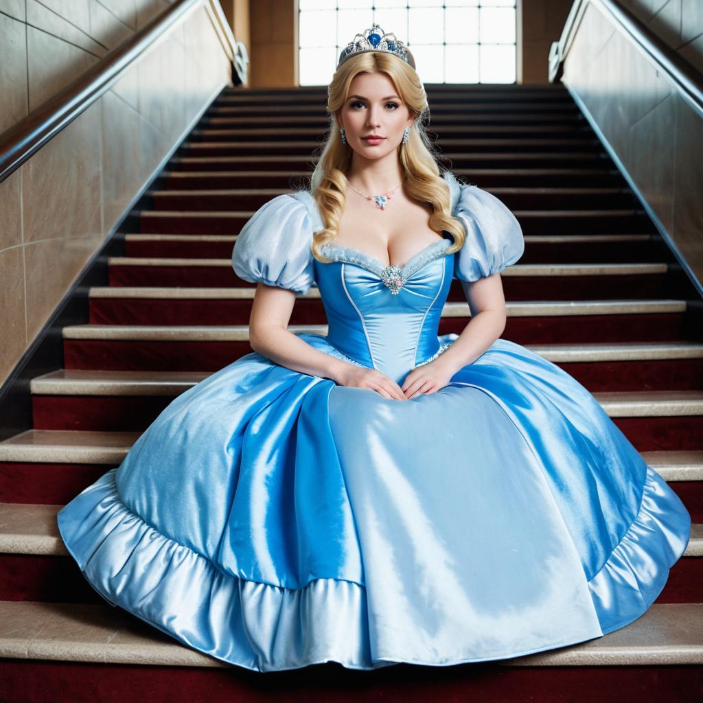 Elegant Woman in Blue Cinderella Style Ball Gown Sitting on Staircase