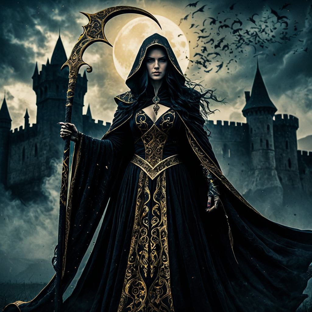 Mysterious Woman with Scythe in Gothic Castle Mysterious Woman with Scythe in Gothic Castle
