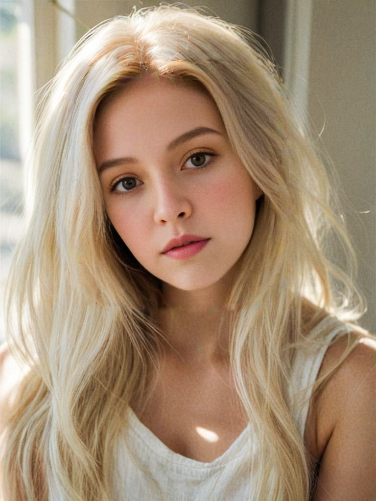 Close-up portrait of a serene young woman with blonde hair