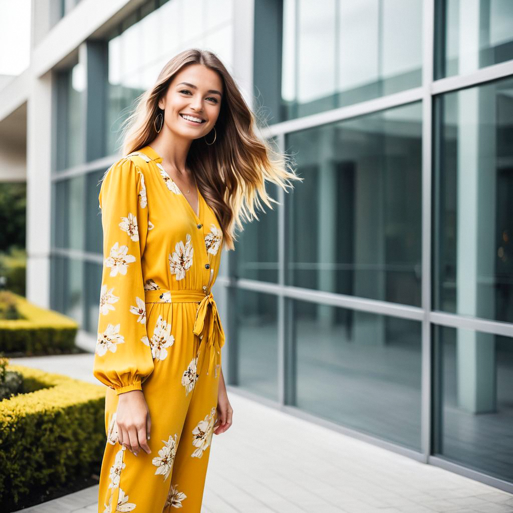 Young Woman in Yellow Floral Dress by Modern Glass Building