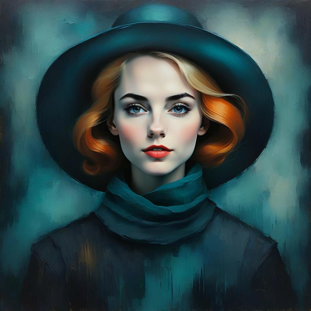 Digital Portrait of Woman Wearing Teal Hat and Scarf with Red Hair