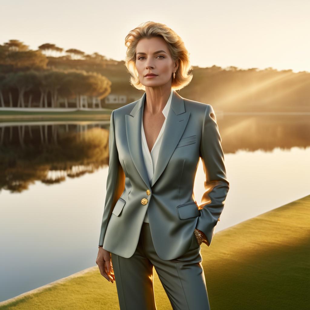 Confident Woman in Chic Suit by Serene Lake at Sunset