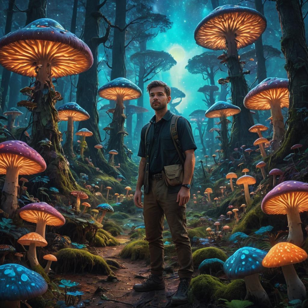 Man in Enchanted Forest with Glowing Mushrooms