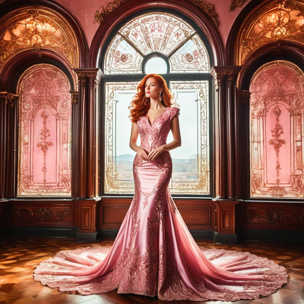 Elegant Woman in Pink Gown in Luxurious Room