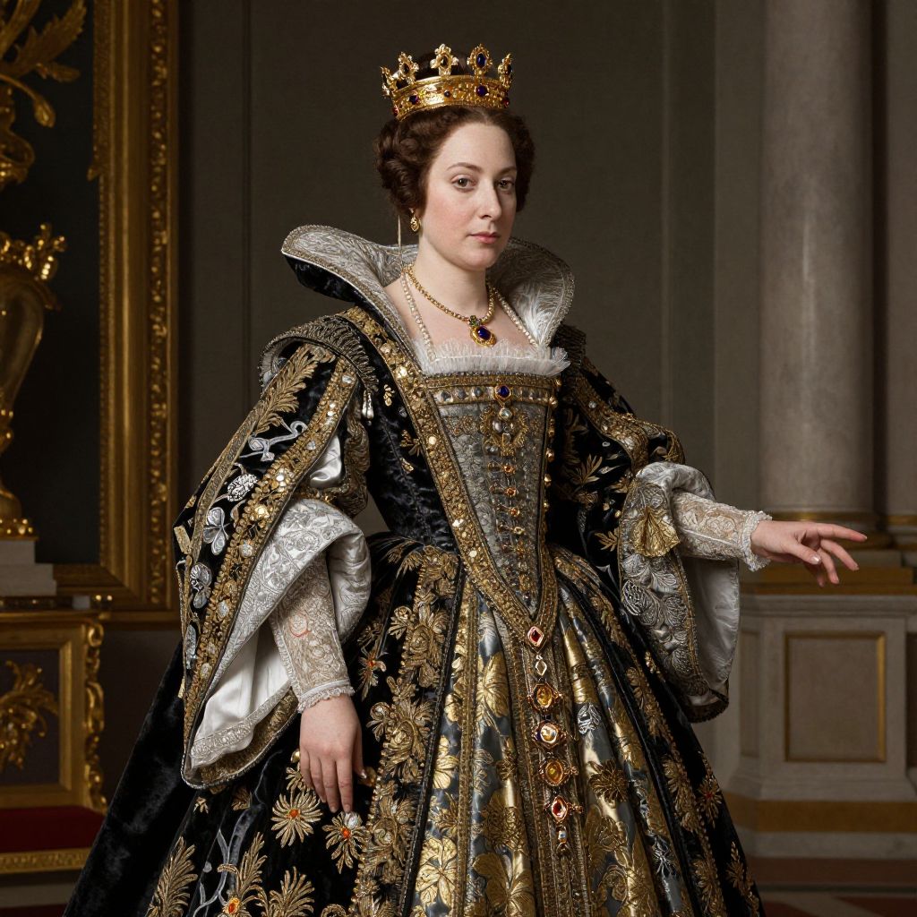 Regal Woman in Elaborate Renaissance-Style Gown with Gold Embroidery and Crown