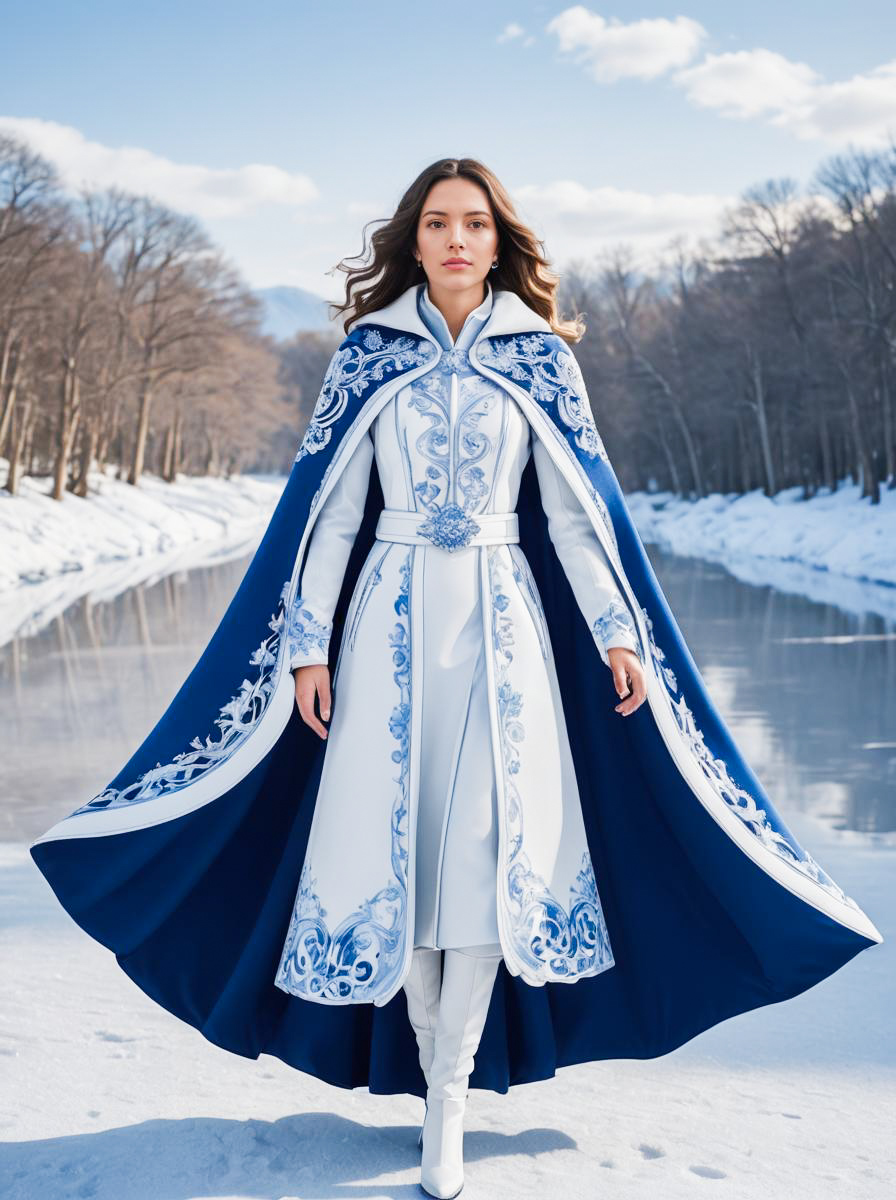 Elegant Woman in Winter Fantasy Costume by Icy River