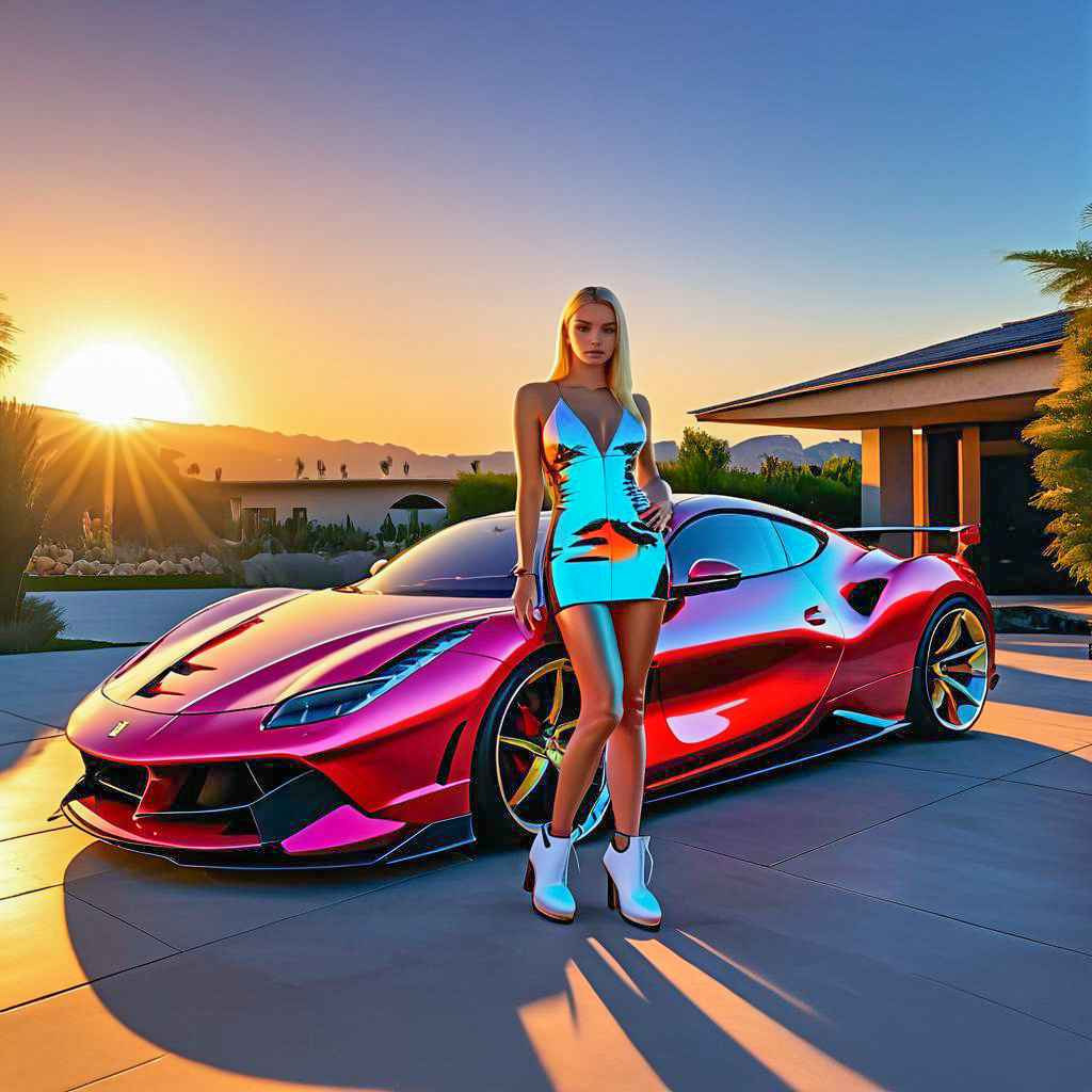 Confident Woman with Pink Ferrari at Sunset