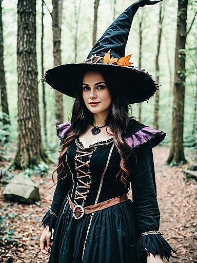 Woman in Woodland Witch Costume Candid Cosplay Portrait in Forest
