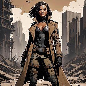 Confident Woman in Tactical Outfit in Ruined Urban Landscape