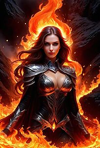 Fiery Female Warrior in Dark Armor Fantasy Digital Art