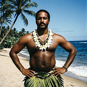 Muscular Man in Hawaiian Attire on Beach