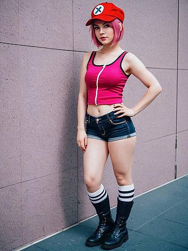 Woman in Pink Crop Top and Denim Hot Pants with Red Cap and Combat Boots