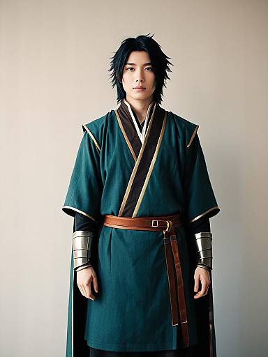 Realistic Photo of Man in Soren Cosplay Costume with Traditional Robe and Armor