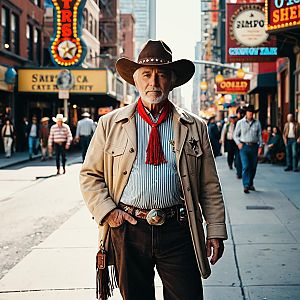 Classic Cowboy in Western Attire Standing on Bustling City Street