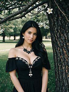 Elegant Woman in Black Floral Dress Standing Near Tree with White Flowers