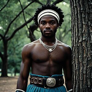 Shirtless Young Man in Tribal Fashion Outdoors