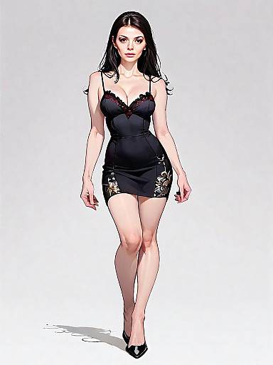Realistic Comic Style Woman in Black Cocktail Dress Full Body Illustration