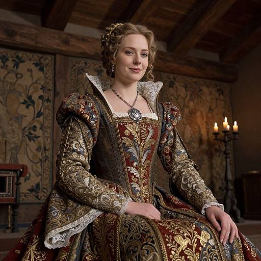 Woman in Ornate Renaissance Style Embroidered Gown Sitting in Historic Interior