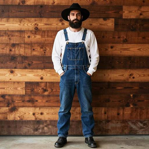 Bearded Man in Denim Overalls and Black Hat Standing by Wooden Wall