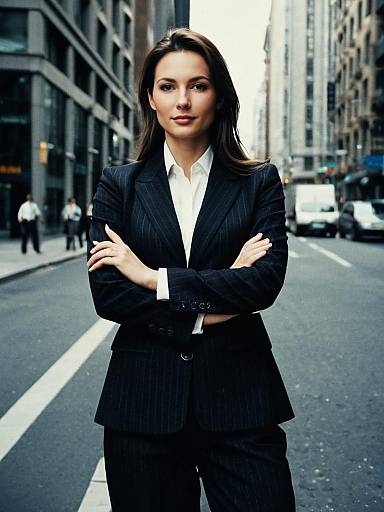 Confident Woman in Pinstripe Business Suit Standing on City Street