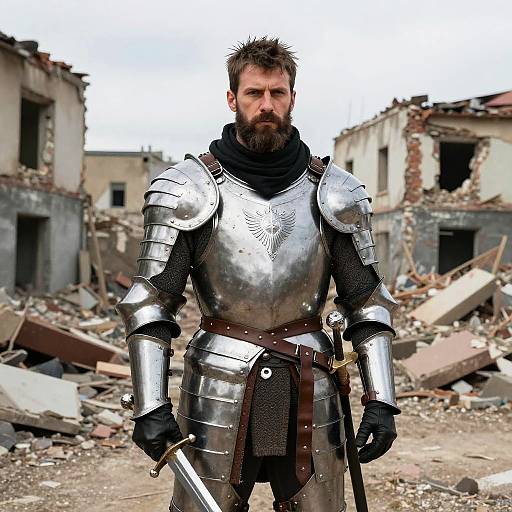 Man in Full Medieval Armor in Ruins Holding Sword