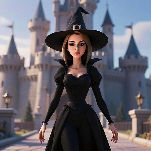 Animated Witch Woman in Black Costume Standing in Front of Castle