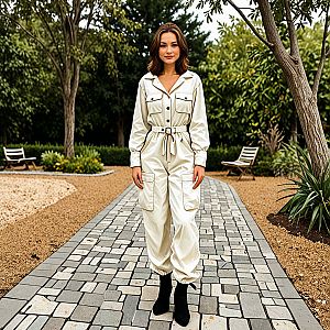 Confident Woman in Stylish Jumpsuit in Garden