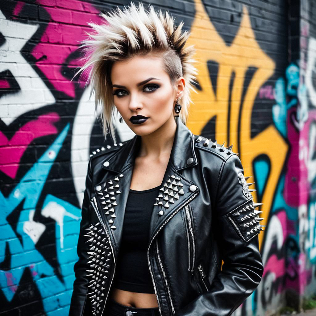 Confident Woman with Punk Hairstyle Against Graffiti Wall