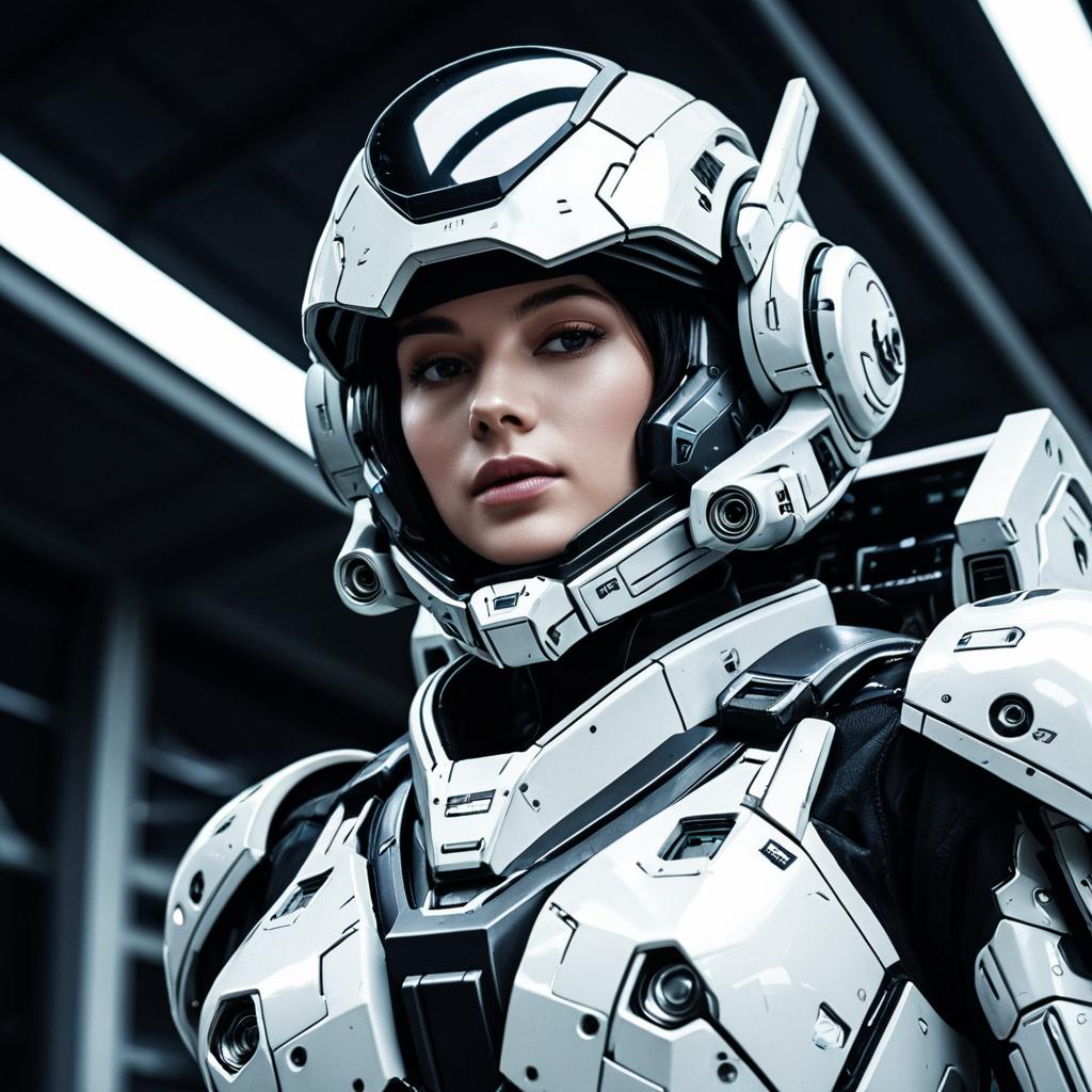 Futuristic Woman in High-Tech White Mech Suit with Helmet