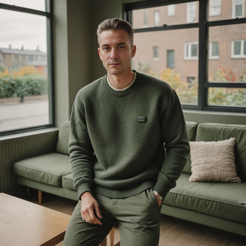 Man in Stylish Green Outfit in Modern Room