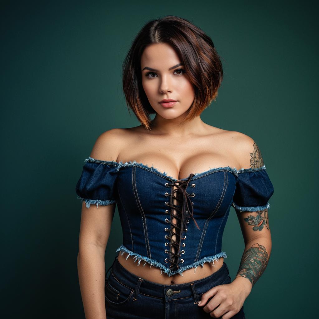 Confident Woman in Stylish Denim Off-Shoulder Corset with Tattoos