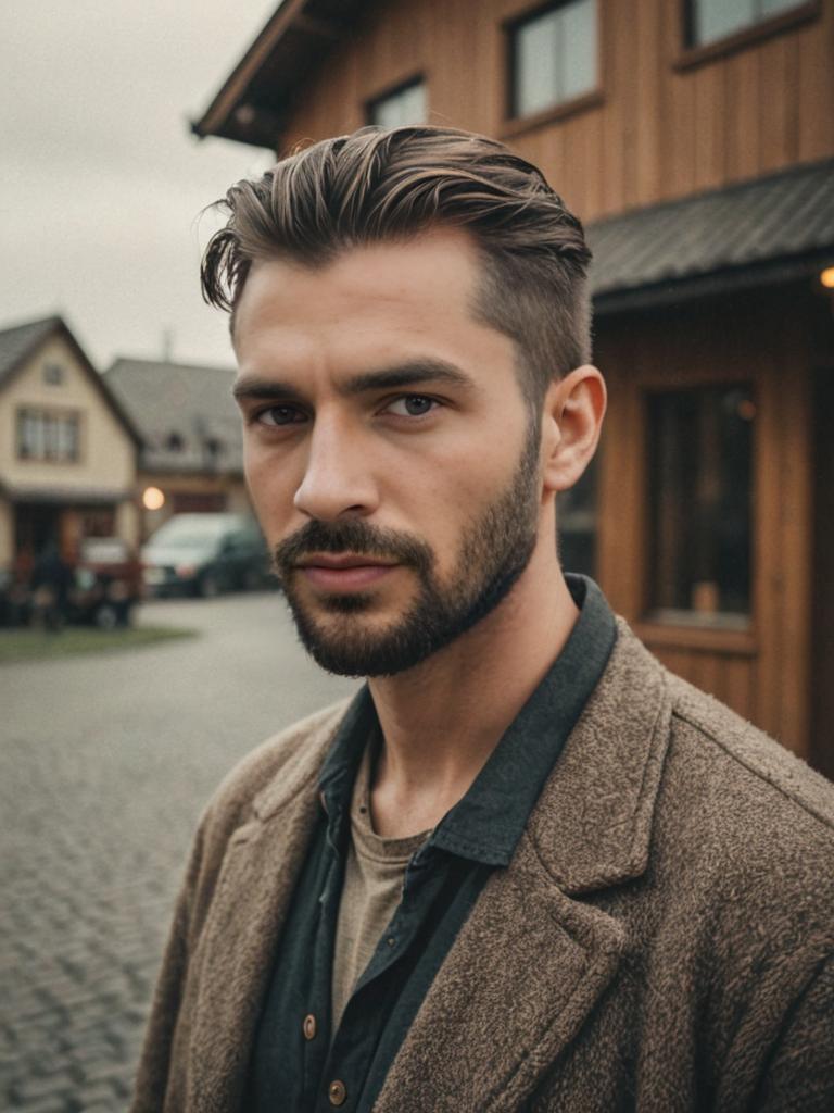 Man with Viking Haircut in Quaint Village