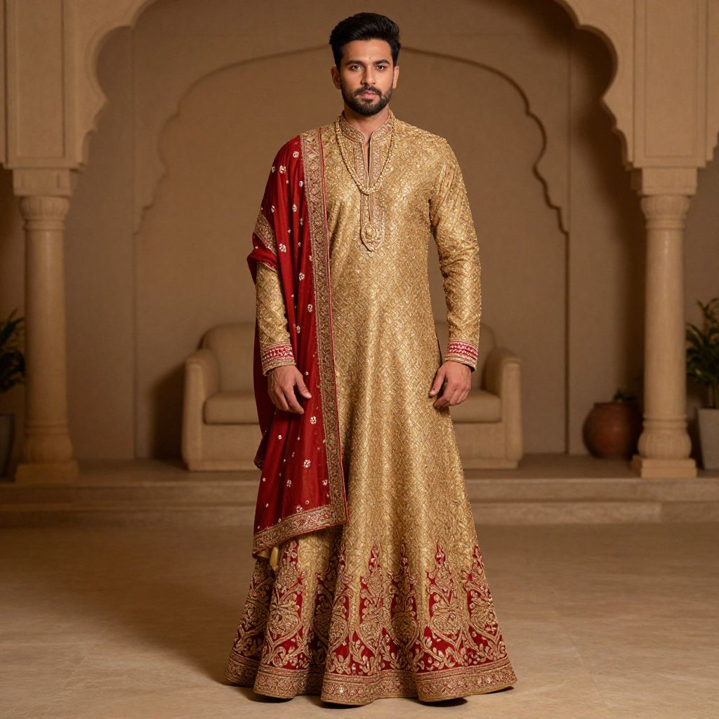 Traditional Gold and Red Embroidered Sherwani for Men