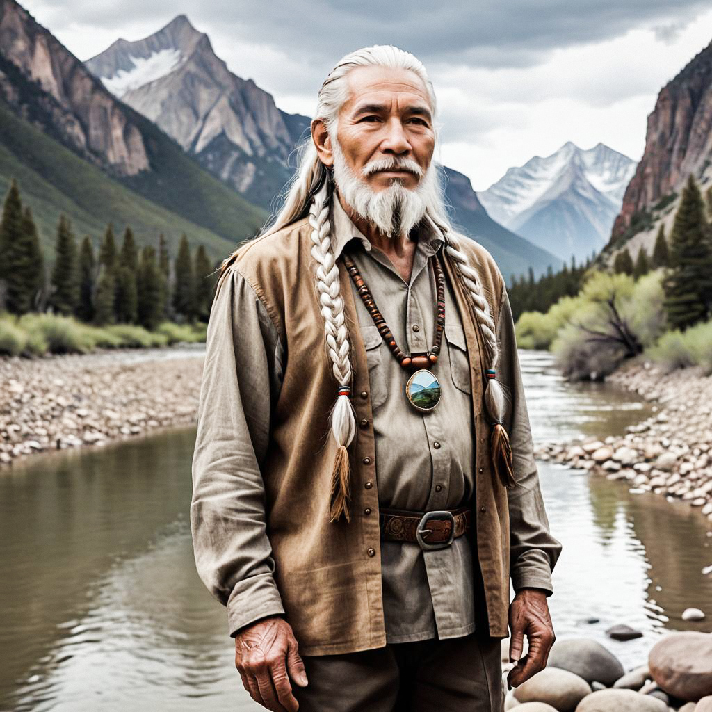 Elderly Man by Mountain River