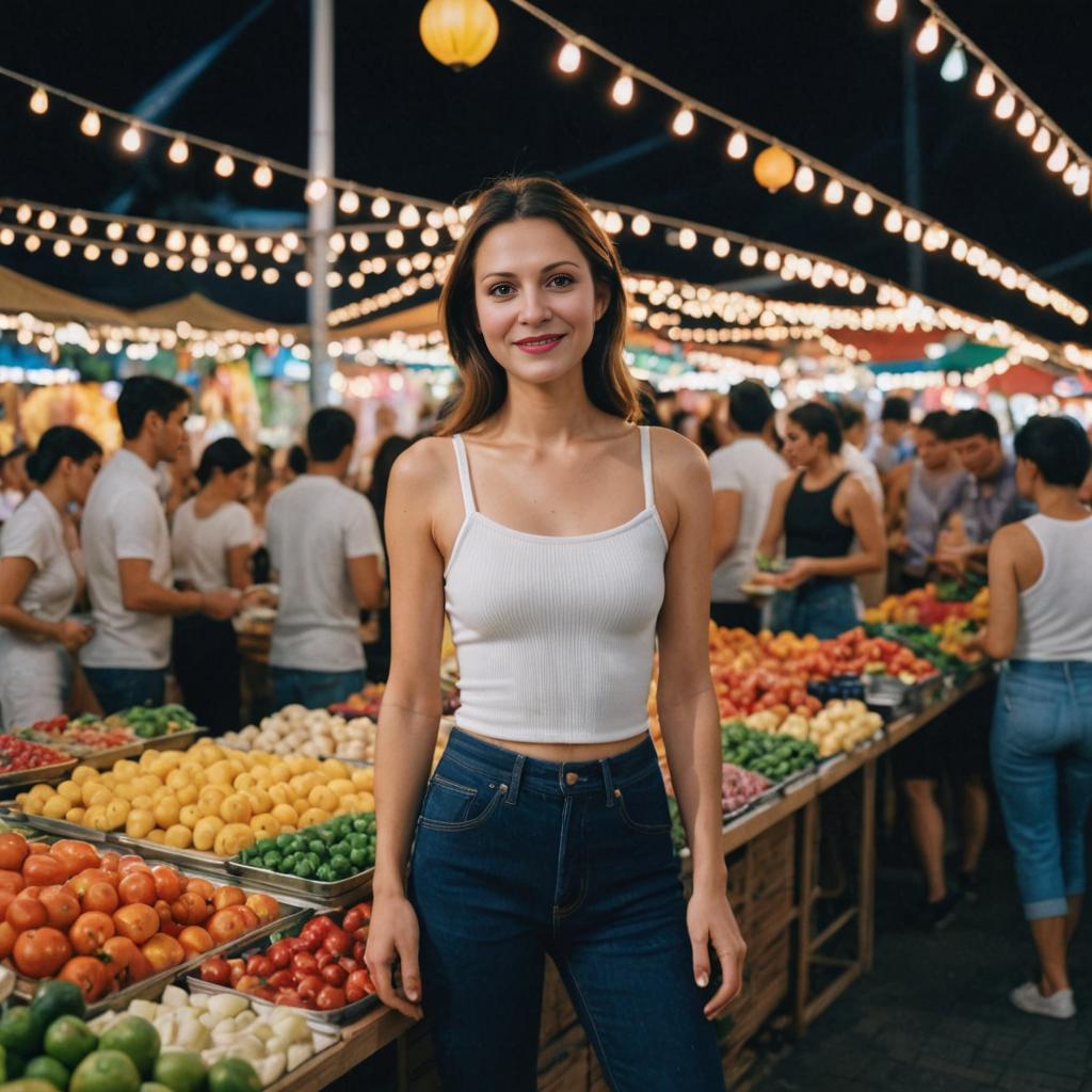 Smiling Woman at Vibrant Night Market Stall