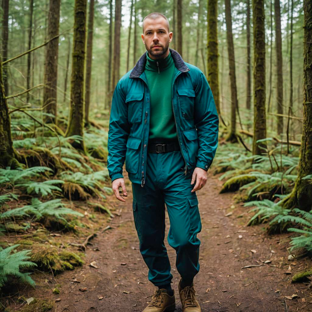 Man in Teal Outdoor Outfit on Forest Trail
