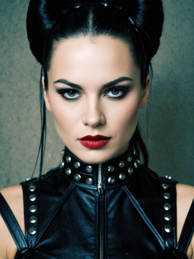 Woman in Dominatrix Costume with Studded Leather Outfit and Bold Makeup