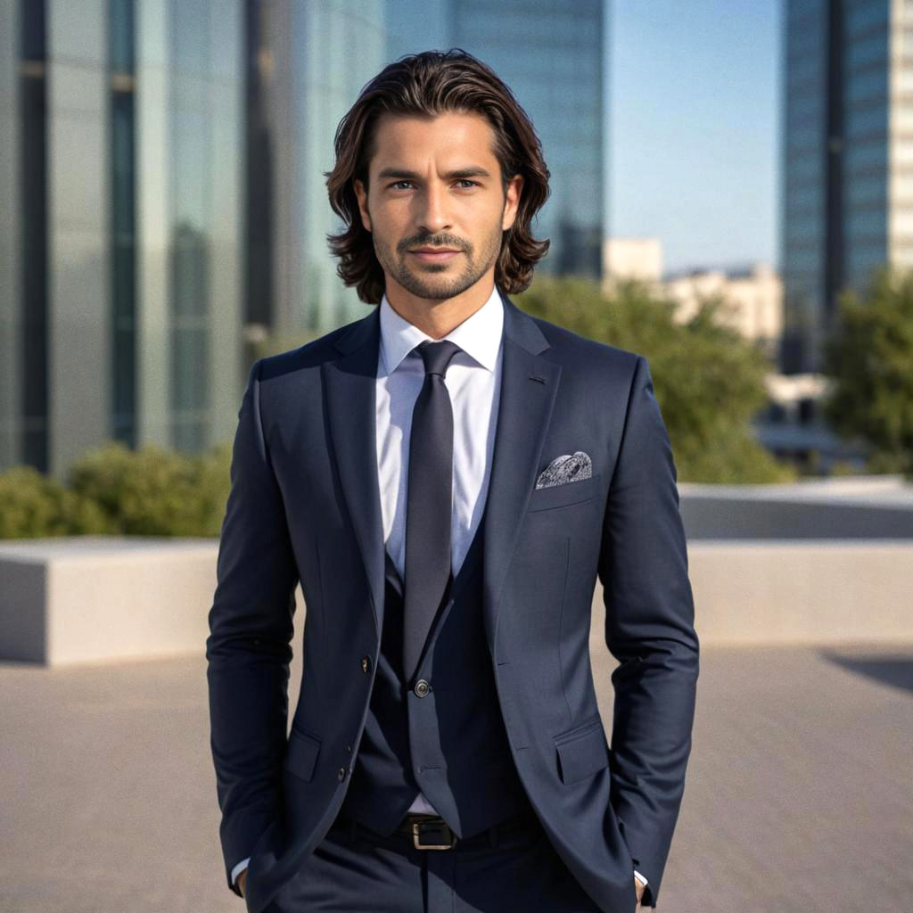 Confident Man in Navy Suit Against Urban Backdrop