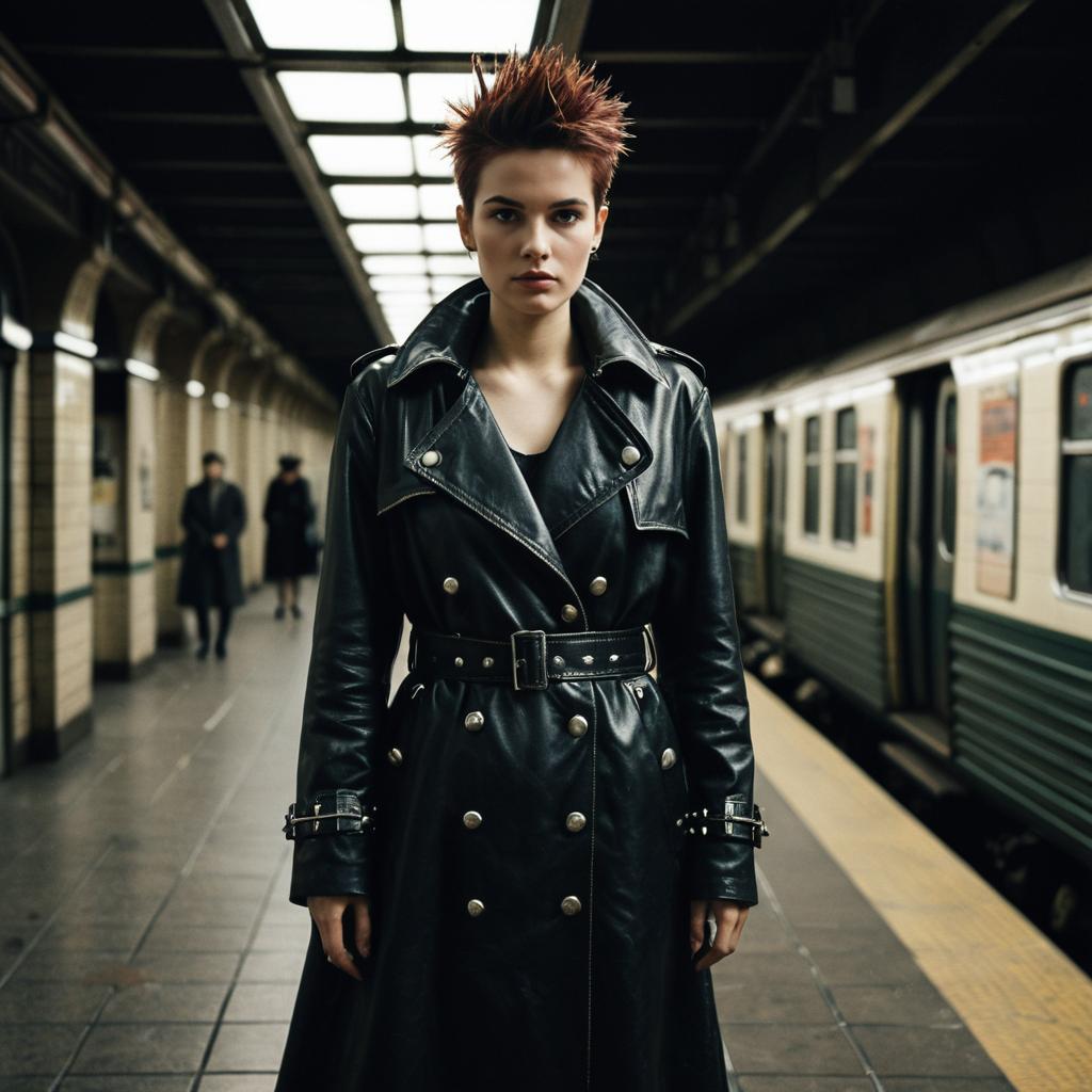 Edgy Woman in Black Leather Trench Coat at Subway Station