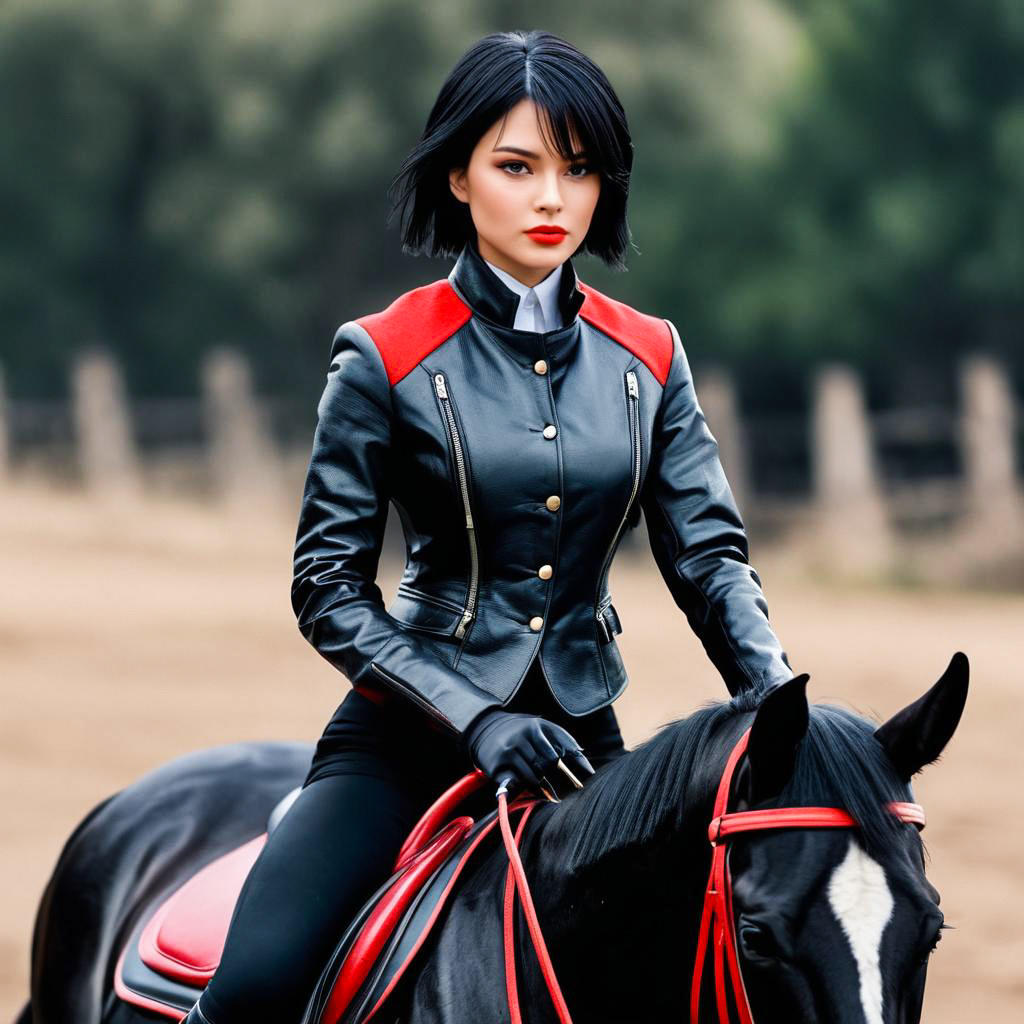 Confident Woman in Stylish Equestrian Attire on Black Horse Confident Woman in Stylish Equestrian Attire on Black Horse