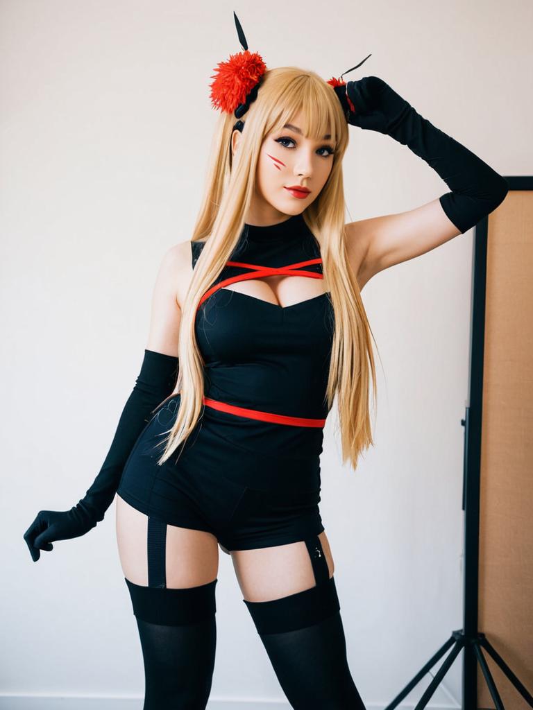Anime-Inspired Blonde Woman Cosplay in Black and Red Outfit