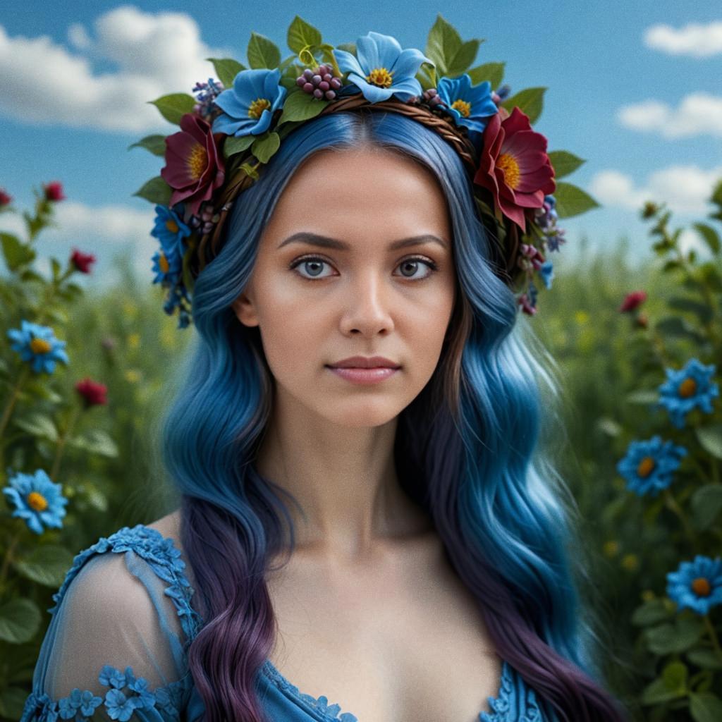 Serene Woman with Blue Hair and Floral Crown