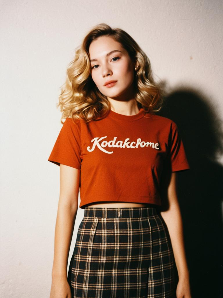 Woman in Casual Streetwear with Faded Kodakchrome Graphic T-Shirt and Plaid Skirt