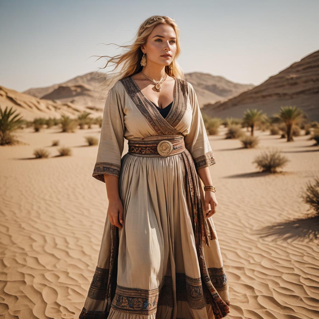 Confident Woman in Traditional Dress in Desert Landscape