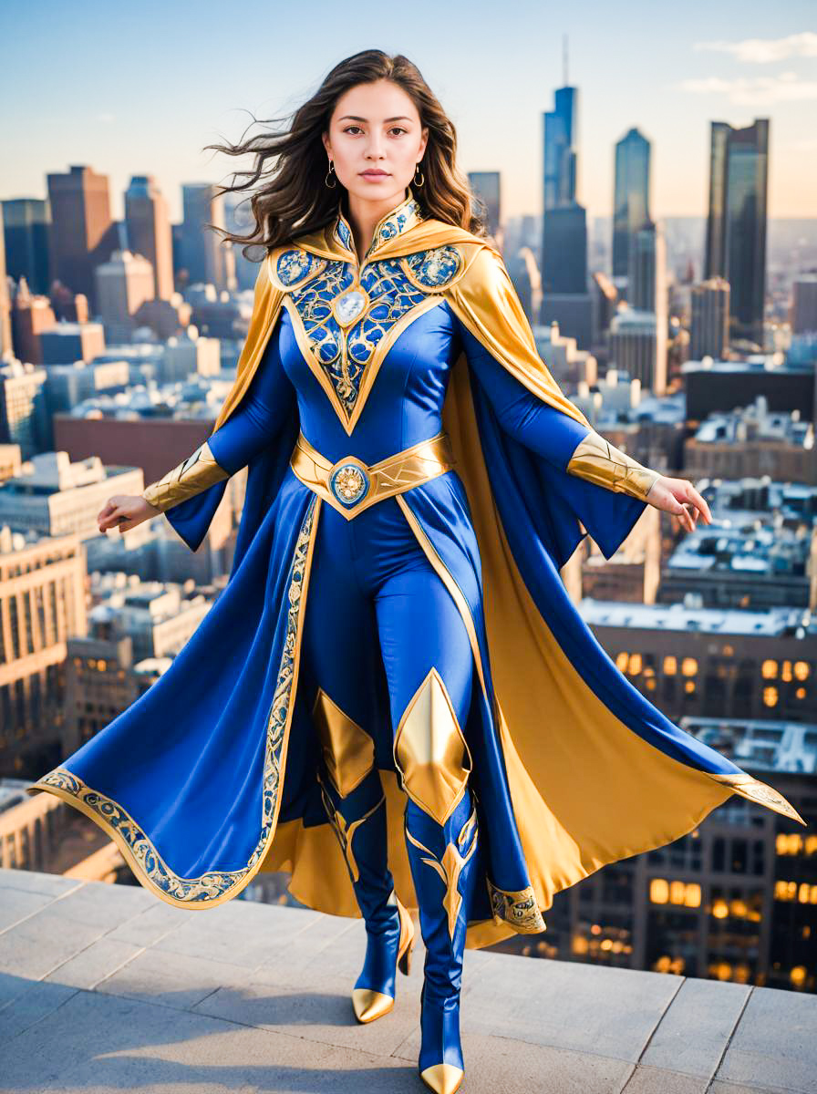 Woman in Blue and Gold Superhero Costume