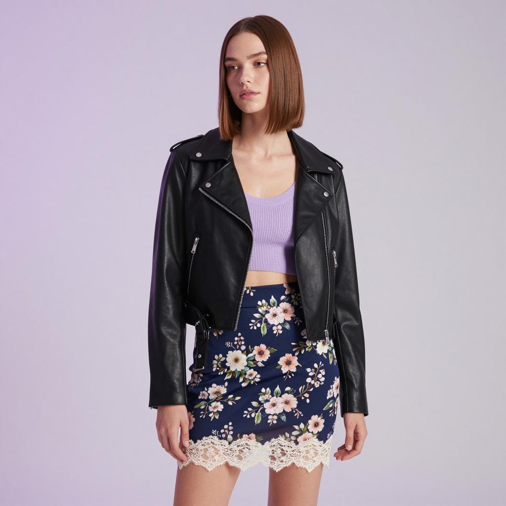 Young Woman in Black Leather Jacket and Floral Skirt Fashion Outfit